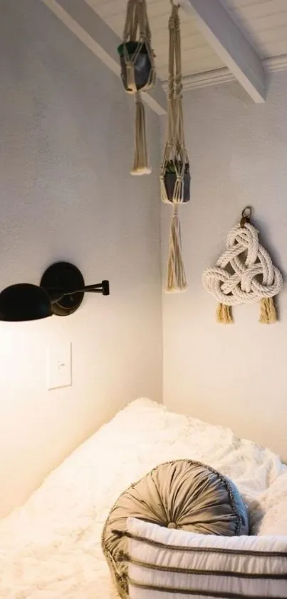 Cozy bedroom corner with neutral decor.