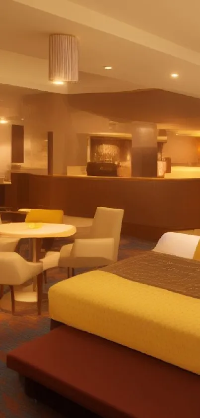 Cozy hotel room with modern warm decor.