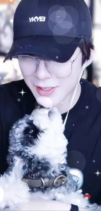 Person in black cap cuddling a cute puppy.