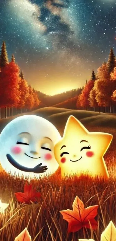 Cozy moon and star under a starlit autumn night.