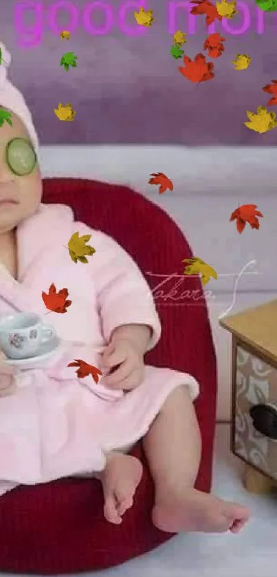 Relaxed baby in pink robe with tea, spa setting.