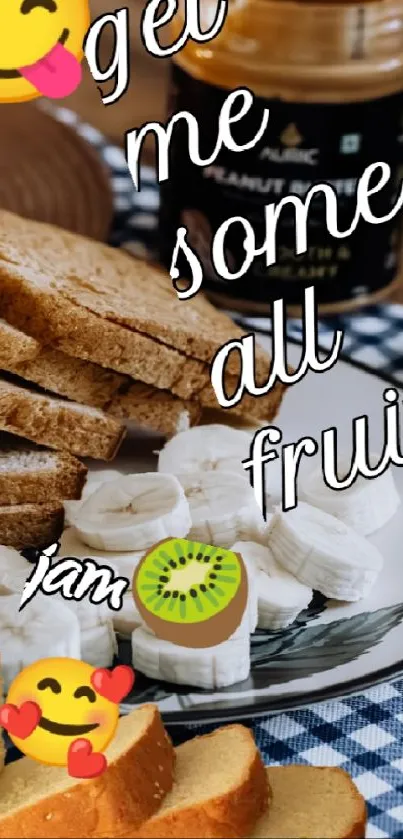 Cozy breakfast setting with coffee, toast, and fruit on a rustic table.