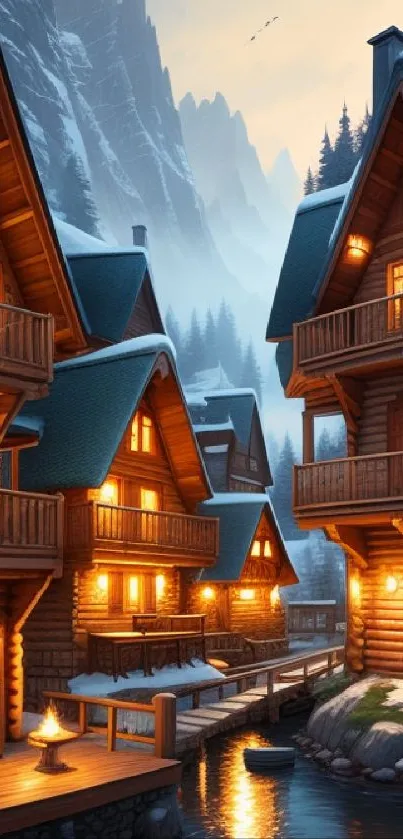 Cozy log cabins by a mountain river under a winter sky.