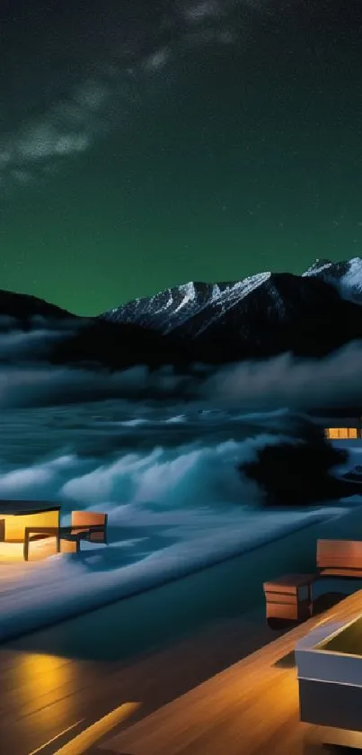 Cozy mountain night scene with glowing lights and serene ambiance.