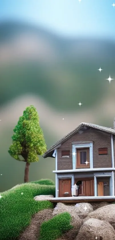 Small cabin and tree on grassy hill with mountains in background.