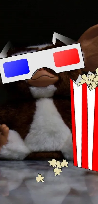 Plush toy with 3D glasses and popcorn on a marble surface.