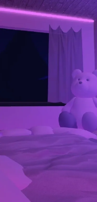 Cozy bedroom with neon purple lights and a teddy bear.