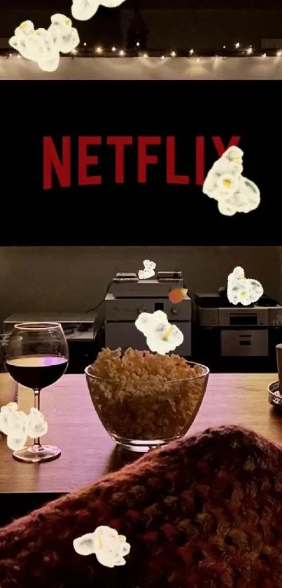 Cozy room with Netflix on TV, popcorn, and candle.