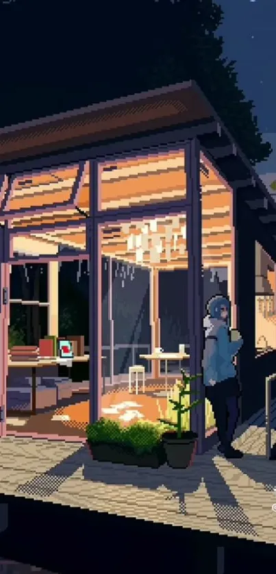 Anime-style cozy night scene with warm lighting.