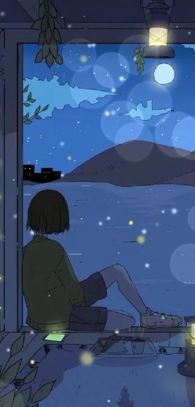 Illustration of a person by a lake at night with moon and fireflies.