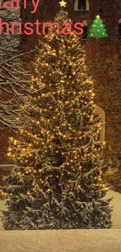 Christmas tree lit at night in a snowy scene with festive warmth.