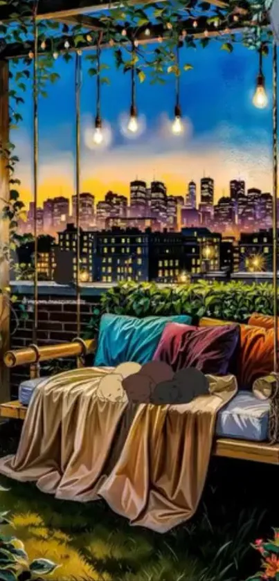 Cozy swing bed with city view at night.