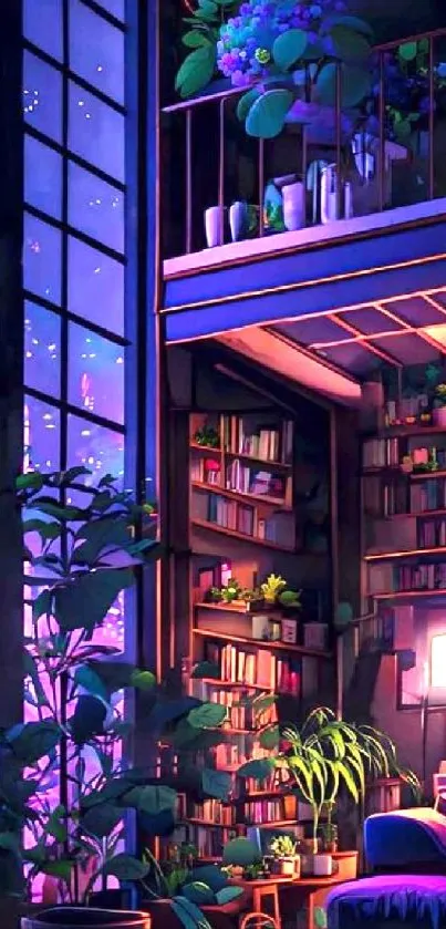 Cozy library room with plants and bookshelves under soft lighting.