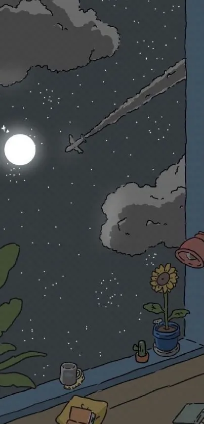 Illustrated night sky seen through a window with plants and books.