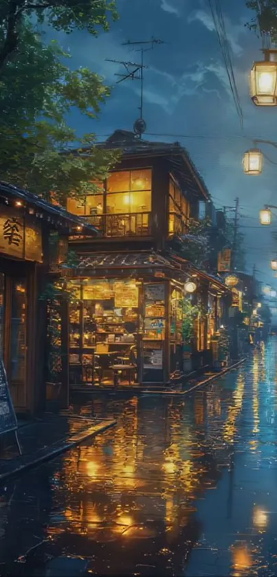Rainy night street with glowing lanterns and reflections.