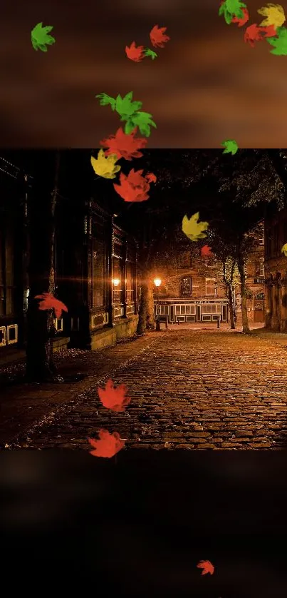 Cozy night street with autumn leaves falling gently.