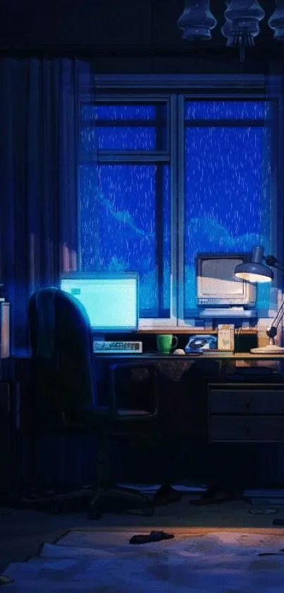 Cozy night study room with blue ambient light and desktop.