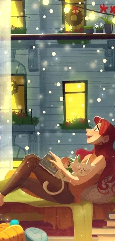 Illustration of a girl and cat by window with warm string lights.