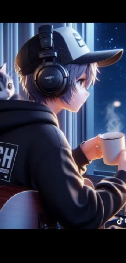 Anime character with cat and coffee by window at night.