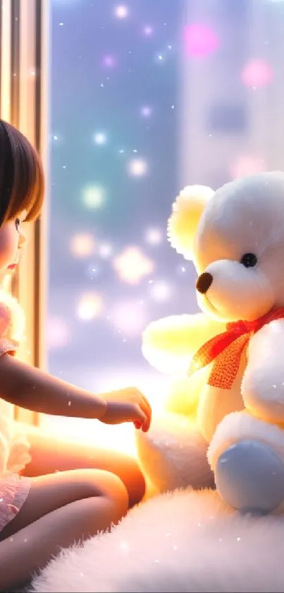 Young girl sits with teddy bear by soft glowing window at night.