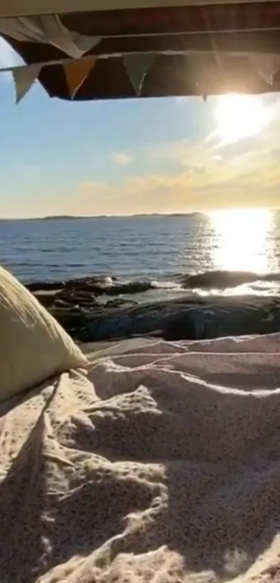 Cozy van bed overlooking sunny seaside.