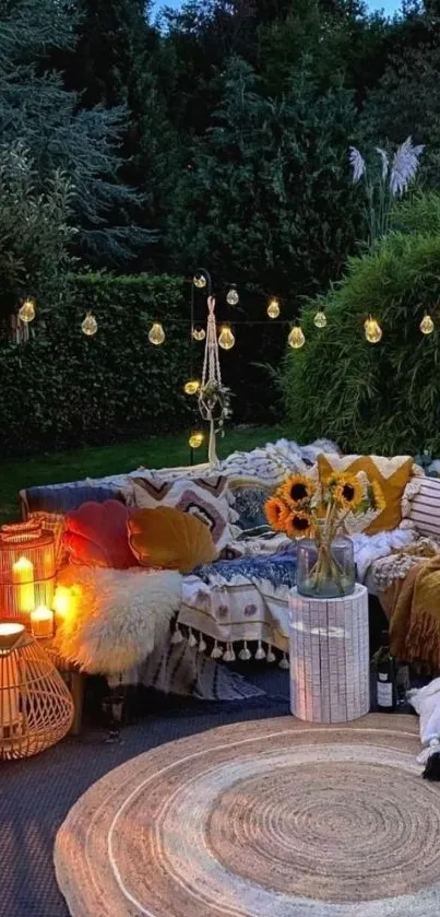 Cozy outdoor retreat with warm lighting.