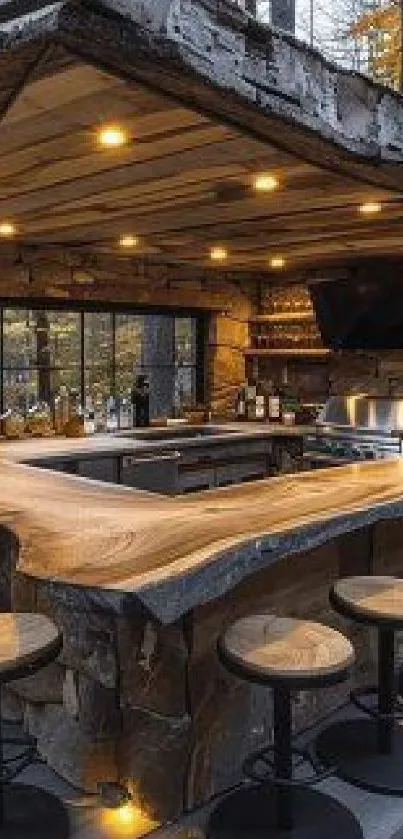 Rustic outdoor kitchen with wood and stone bar, warm lighting.