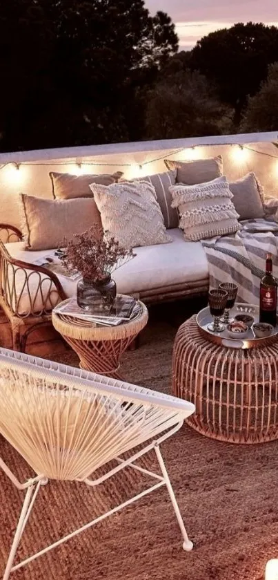 Cozy evening patio with warm lighting and rattan seating.