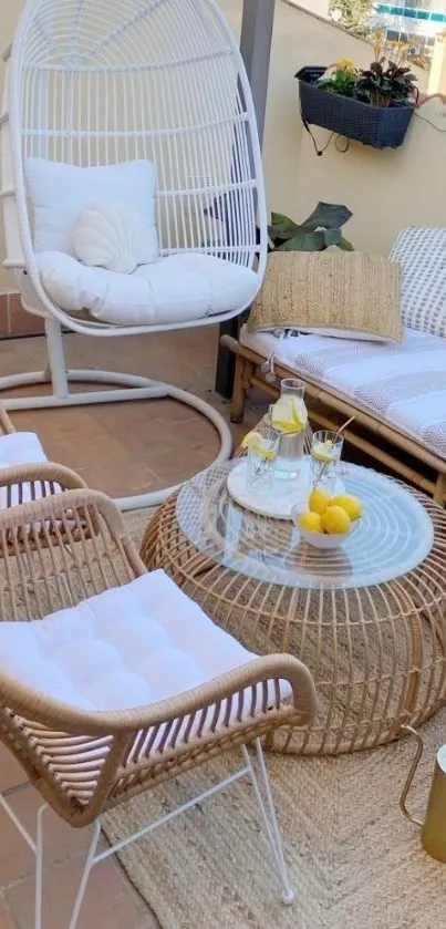 Cozy outdoor patio with wicker furniture and lemonade.