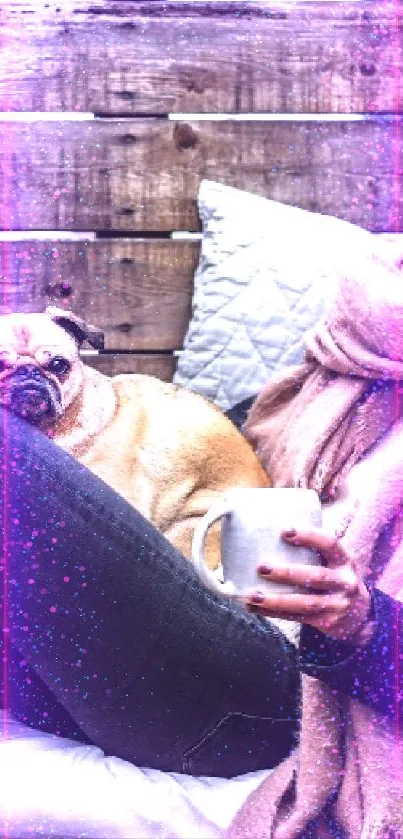 Two friends sitting outdoors with a pug.