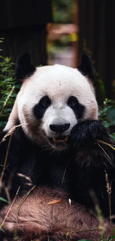 Panda sitting in lush green foliage, looking serene.