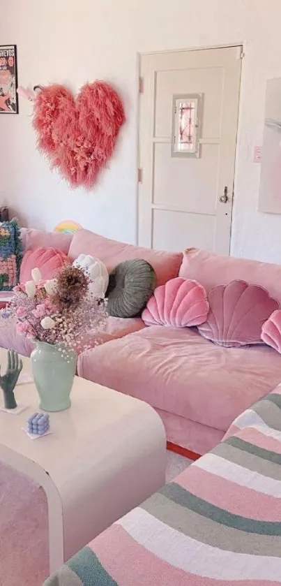 Cozy pastel living room with pink sofa and stylish decor.