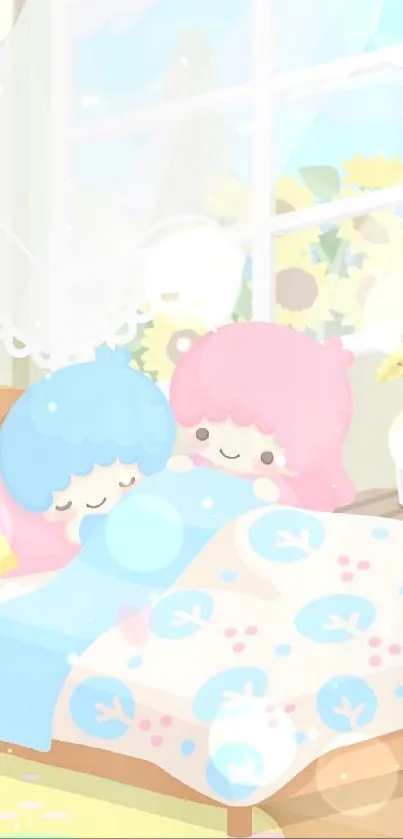 Adorable pastel wallpaper with sleeping characters and yellow accents.