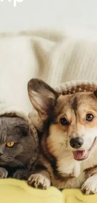 Cute cat and dog snuggled under a blanket in warm tones.