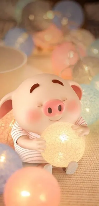 Cute pig with glowing fairy lights in soft pastel tones.