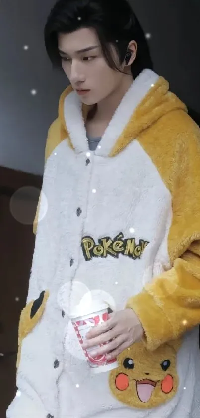 Person wearing Pikachu-themed hoodie holding a cup.