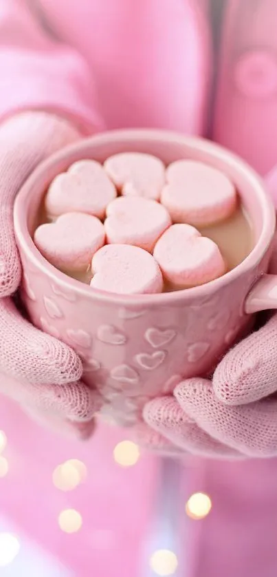 Person holding a pink mug with heart-shaped marshmallows.