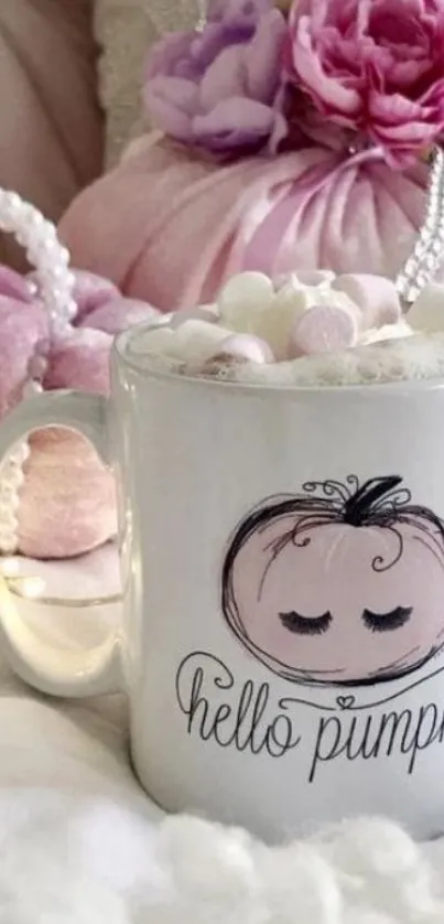 Pink pumpkin mug with pastel flowers and pearls.