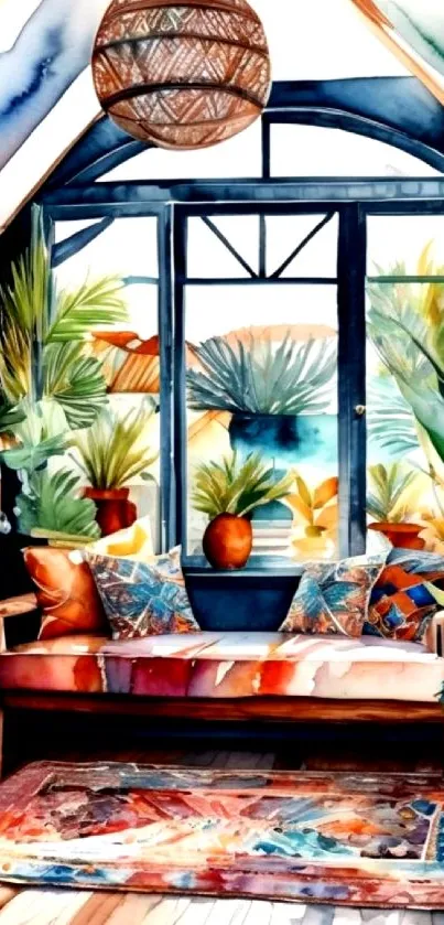 Watercolor painting of a cozy room with plants and colorful decor.