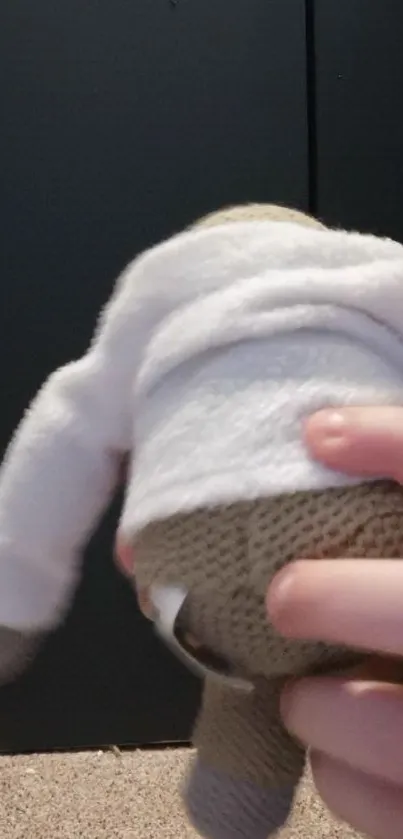 Plush toy wearing white sweater held by hand.