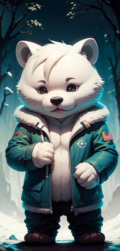 Adorable polar bear in a teal jacket standing in a snowy forest.