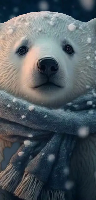 Polar bear wearing a scarf in a snowy setting, blue-grey tones.