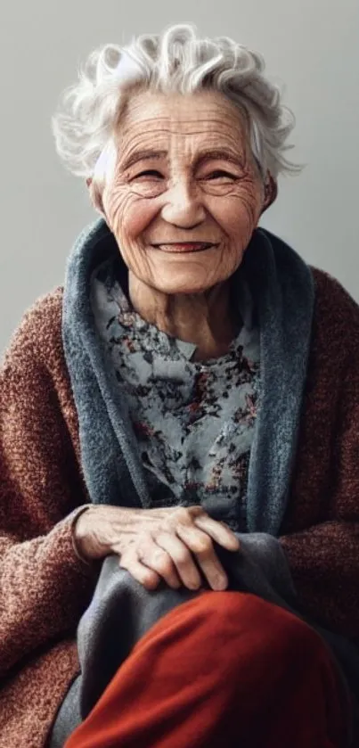 Elderly woman smiling warmly in cozy attire, portrait wallpaper.