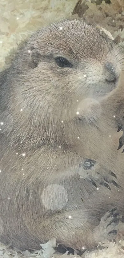 Cute prairie dog nestled in wood shavings.