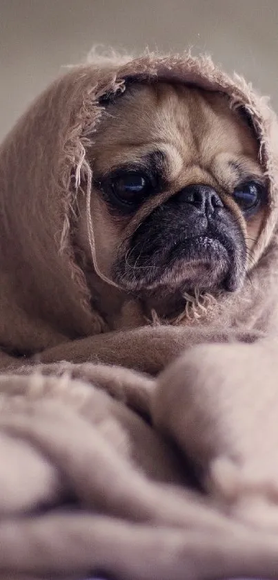 Cute pug wrapped in a cozy beige blanket looking adorable.