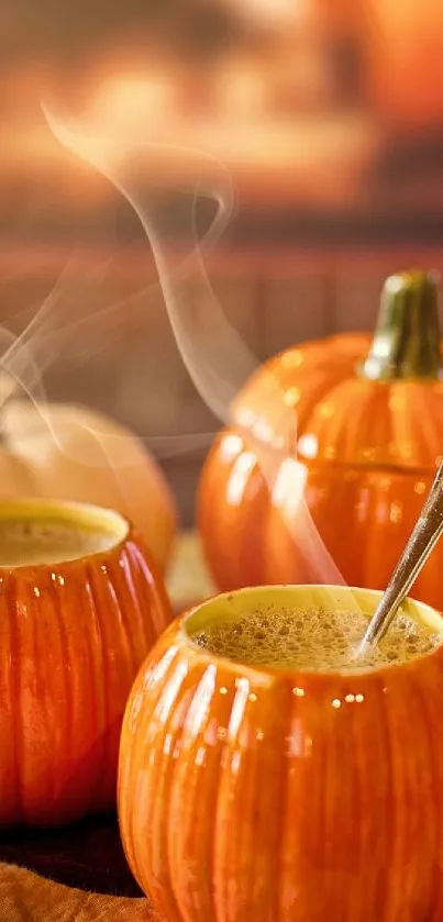 Cozy autumn wallpaper with pumpkins and steaming mugs on a table.