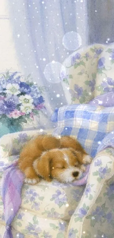 Cozy floral chair with sleeping puppy.