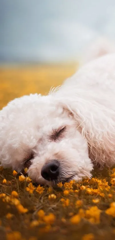 White puppy sleeping in yellow flower field.