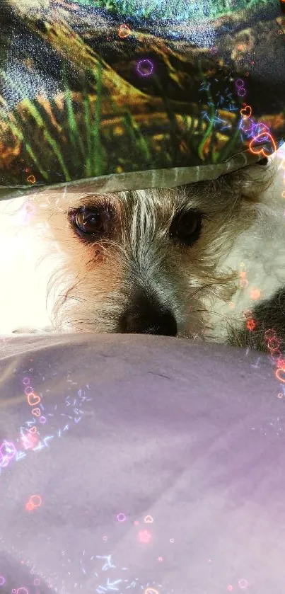 Cute puppy peeking under a cozy blanket with a purple pillow.