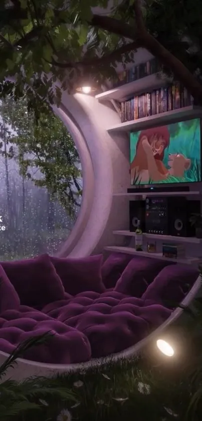 Purple lounge nook in a lush forest setting with soft lighting.